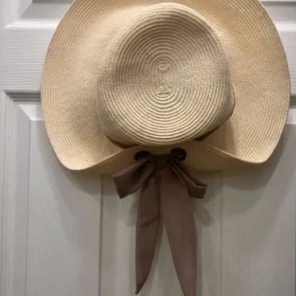 Nine West OS Straw Sun Hat with Mauve/Brow Brim Tie & Bow Pull Up No Callouts!! - Picture 6 of 6